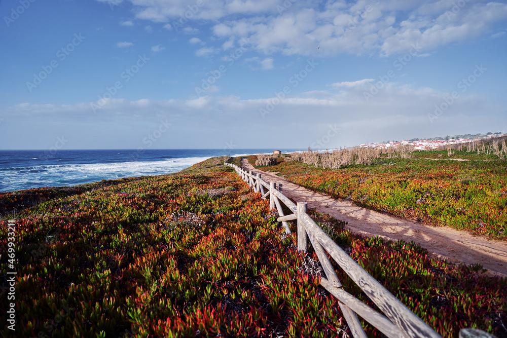 Picturesque pathway on rock ocean shore, Portugal.