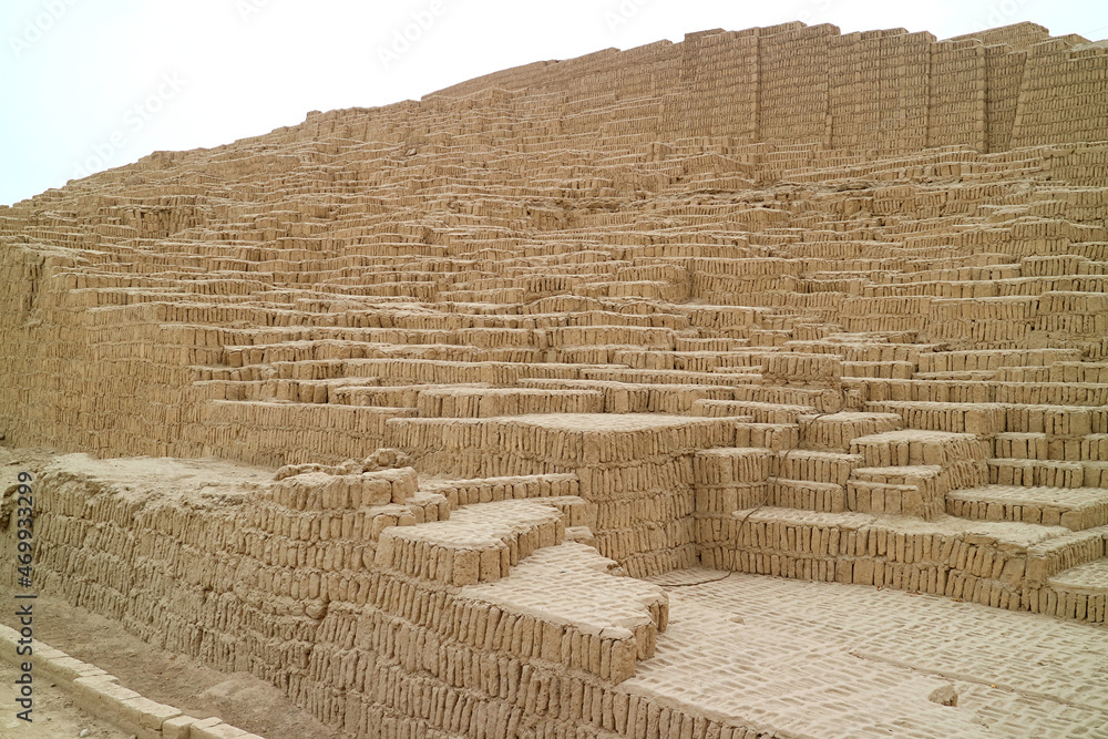 Huaca Pucllana archaeology site, the remains of ancient adobe and clay pyramid structure in Miraflores district of Lima, Peru