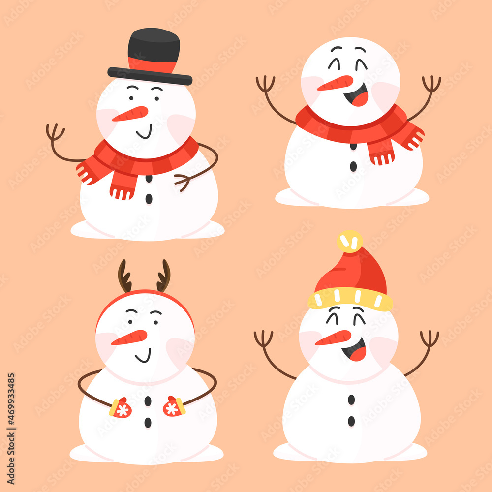 Set of cute cartoon snowmen in flat style. Winter illustration with characters isolated on background.