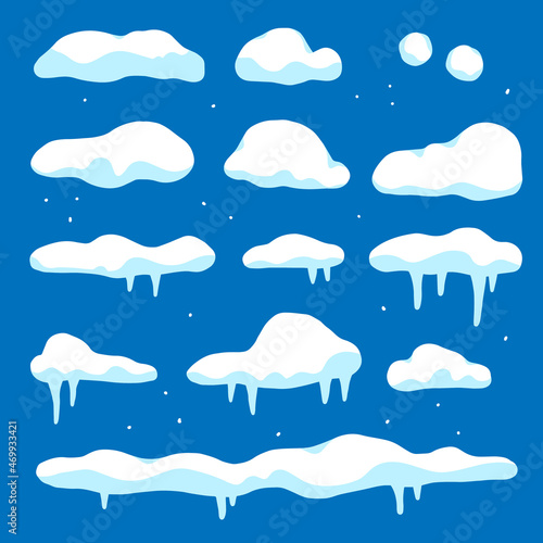 A set of snow caps, drifts, snowballs. Winter decor element. Snow elements for design. Illustration isolated on background.