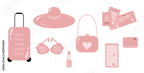 Travel icons set with most essential things and documents for travel.