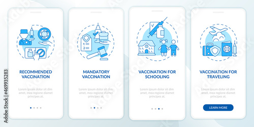 Immunization importance onboarding mobile app page screen. Mandatory vaccination walkthrough 4 steps graphic instructions with concepts. UI, UX, GUI vector template with linear color illustrations