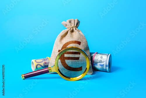 Euro money bag and magnifying glass. Investigating capital origins. Anti money laundering and tax evasion. Find investment funds for business project. Profitable deposit or loan terms and conditions. photo