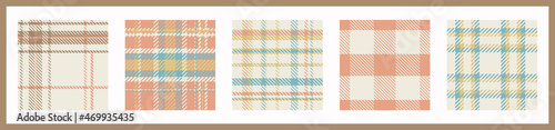 Gender neutral seamless plaid vector pattern collection. Gingham baby color checker background set. Woven tweed all over print. 