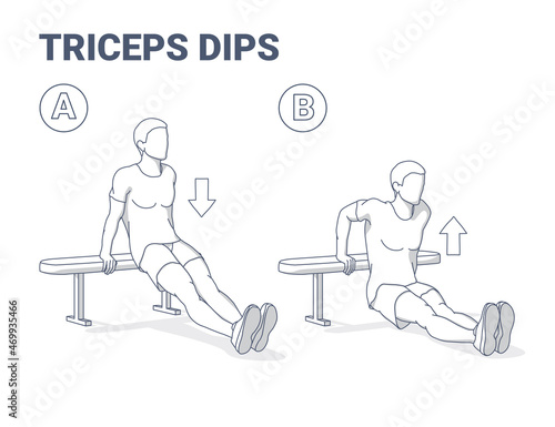 Bench Triceps Dips Man Exercise. Workout Exercising Guide. Colorful Concept Guy Working on His Triceps.