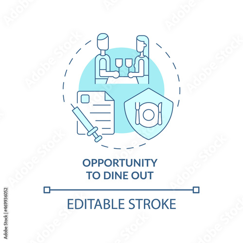 Opportunity to dine out blue concept icon. Mandatory vaccination abstract idea thin line illustration. Showing proof of covid vaccination. Vector isolated outline color drawing. Editable stroke