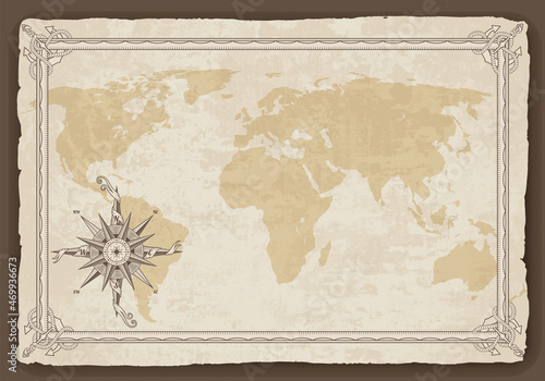 Old map frame with retro nautical compass on old paper texture. Hand drawn antique nautical old vector background. Wind rose for sea marine navigation. Vintage marine theme in vector