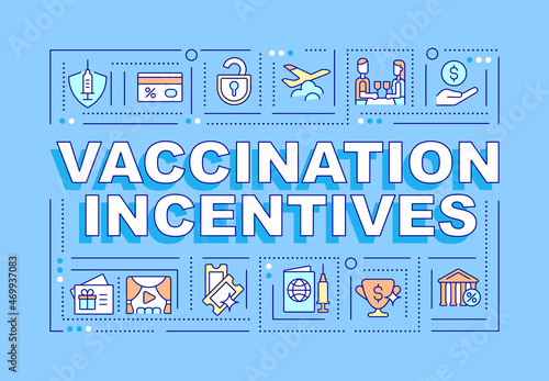 Vaccination incentives word concepts banner. Boosting vaccination rate. Infographics with linear icons on blue background. Isolated creative typography. Vector outline color illustration with text