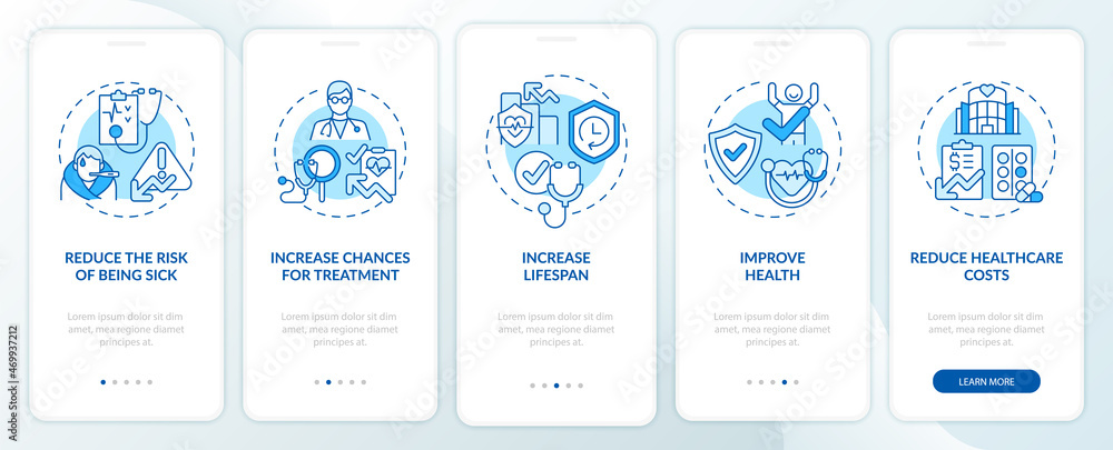 Check ups benefits blue onboarding mobile app page screen. Improving health walkthrough 5 steps graphic instructions with concepts. UI, UX, GUI vector template with linear color illustrations