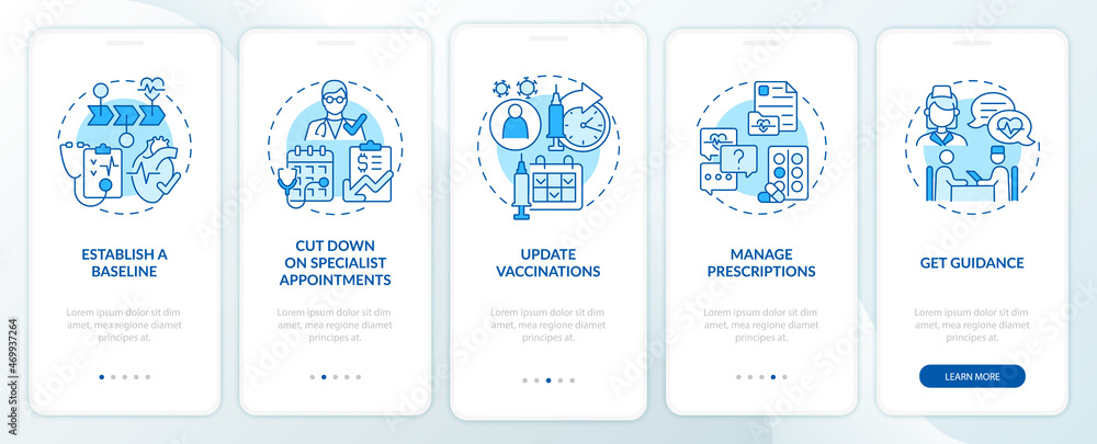 Fototapeta premium Reasons to visit doctor annually blue onboarding mobile app page screen. Healthcare walkthrough 5 steps graphic instructions with concepts. UI, UX, GUI vector template with linear color illustrations