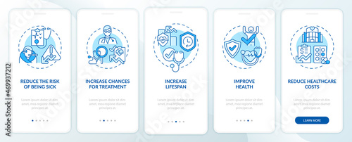 Check ups benefits blue onboarding mobile app page screen. Improving health walkthrough 5 steps graphic instructions with concepts. UI, UX, GUI vector template with linear color illustrations