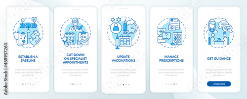 Reasons to visit doctor annually blue onboarding mobile app page screen. Healthcare walkthrough 5 steps graphic instructions with concepts. UI, UX, GUI vector template with linear color illustrations © bsd studio
