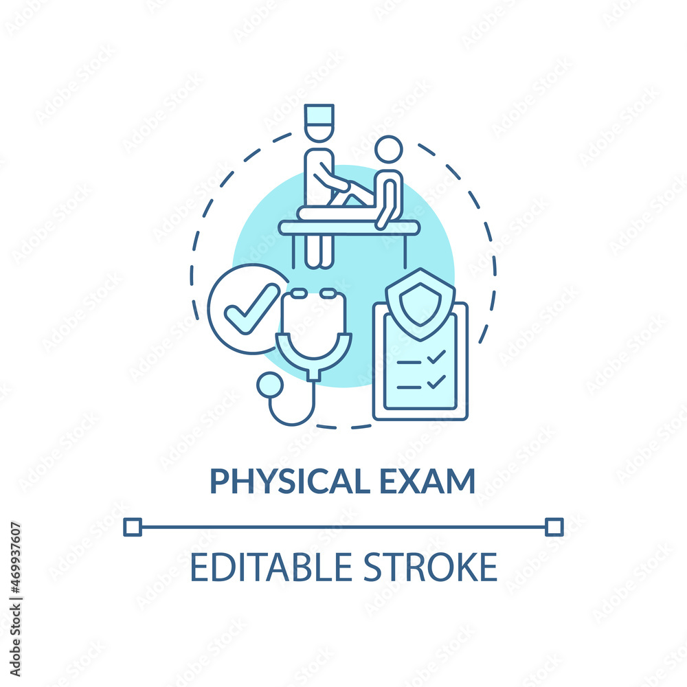 Physical exam blue concept icon. Annual medical examination abstract idea thin line illustration. Medical checkup. Healthcare. Clinical exam. Vector isolated outline color drawing. Editable stroke Physical exam blue concept icon. Annual medical examination abstract idea thin line illustration. Medical checkup. Healthcare. Clinical exam. Vector isolated outline color drawing. Editable stroke