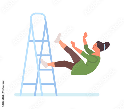 Young woman falling from step ladder. Danger accident