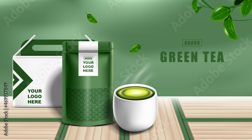 Kraft paper foil zip lock bag food stand up pouch with Green tea latte cup with japanese background.