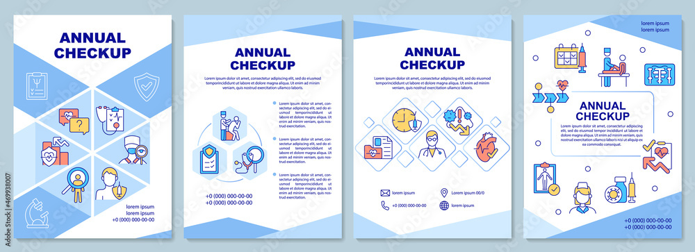 Annual checkup brochure template. Healthcare. Medical exam. Flyer, booklet, leaflet print, cover design with linear icons. Vector layouts for presentation, annual reports, advertisement pages