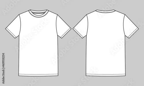 Short sleeve Basic T shirt overall technical fashion flat sketch vector illustration template front and back views. Apparel clothing mock up for men's and boys. 