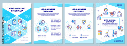 Kids annual checkup brochure template. Medical testing and exam. Flyer, booklet, leaflet print, cover design with linear icons. Vector layouts for presentation, annual reports, advertisement pages