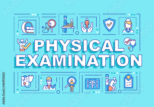 Physical examination word concepts banner. Medical checkup. Infographics with linear icons on blue background. Isolated creative typography. Vector outline color illustration with text