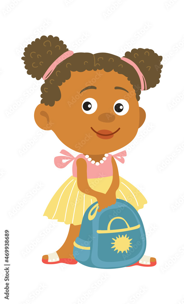 Girl holding backpack. Ready to school. Cute cartoon character
