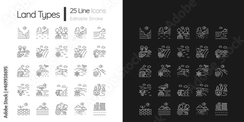 Land types linear icons set for dark and light mode. Biome diversity. Hot and cold regions. Climate zones. Customizable thin line symbols. Isolated vector outline illustrations. Editable stroke photo