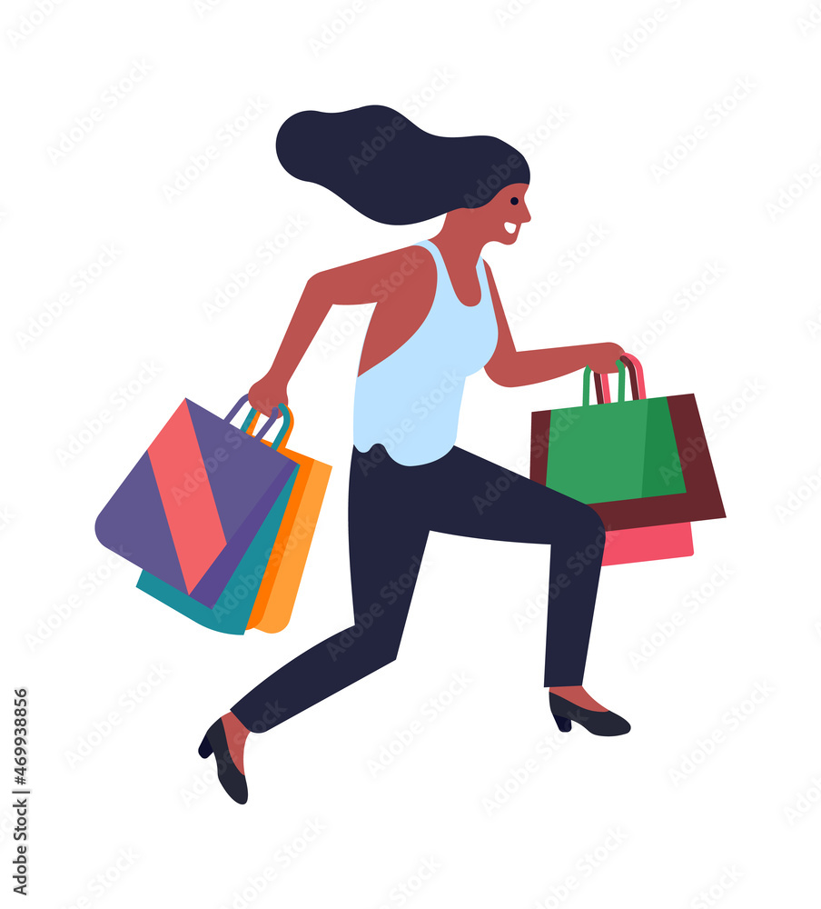 Smiling woman with shopping bag jumping. Happy customer icon