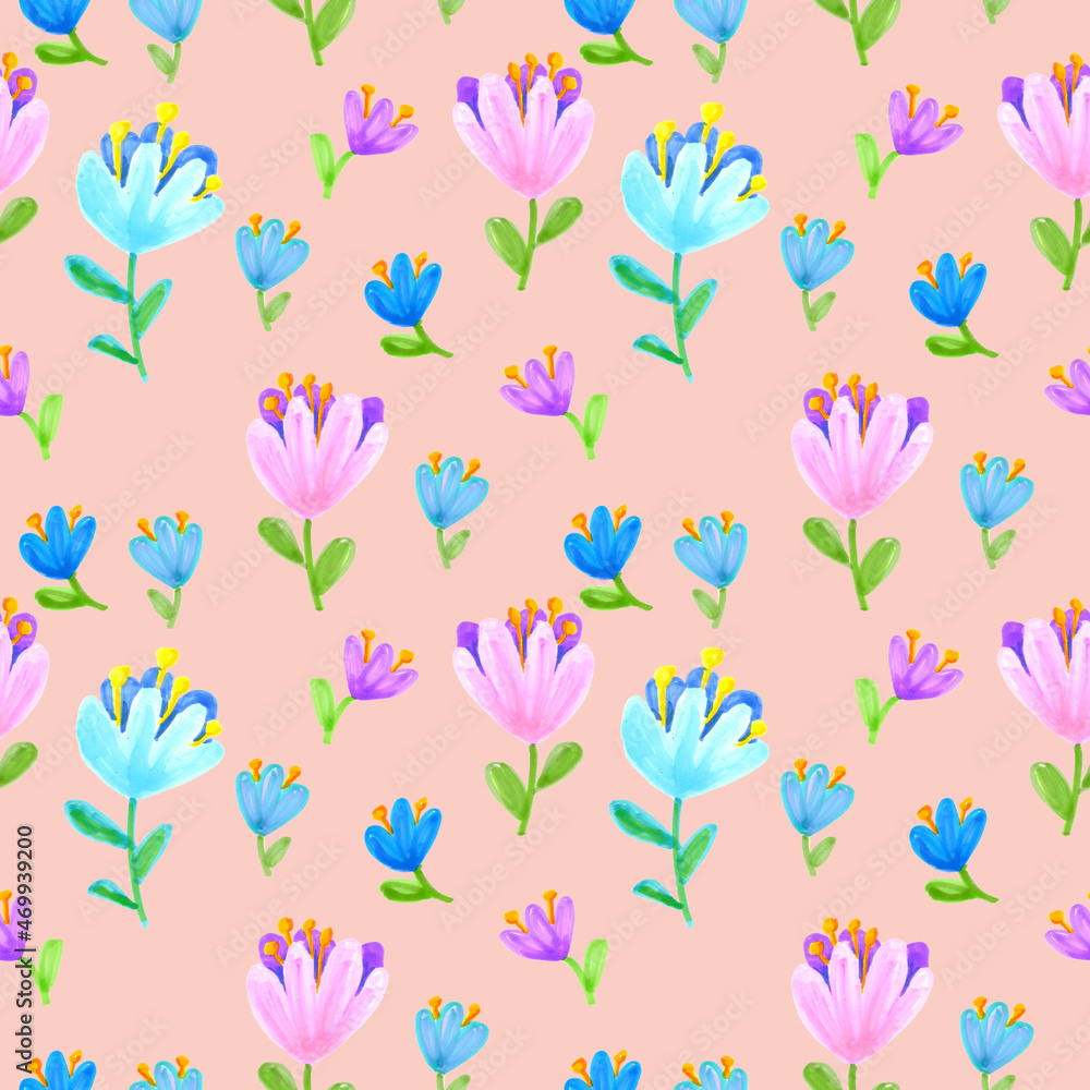 Seamless pattern of flowers drawn with markers on a pink background. For fabric, sketchbook, wallpaper, wrapping paper. Seamless pattern of flowers drawn with markers on a pink background. For fabric, sketchbook, wallpaper, wrapping paper.