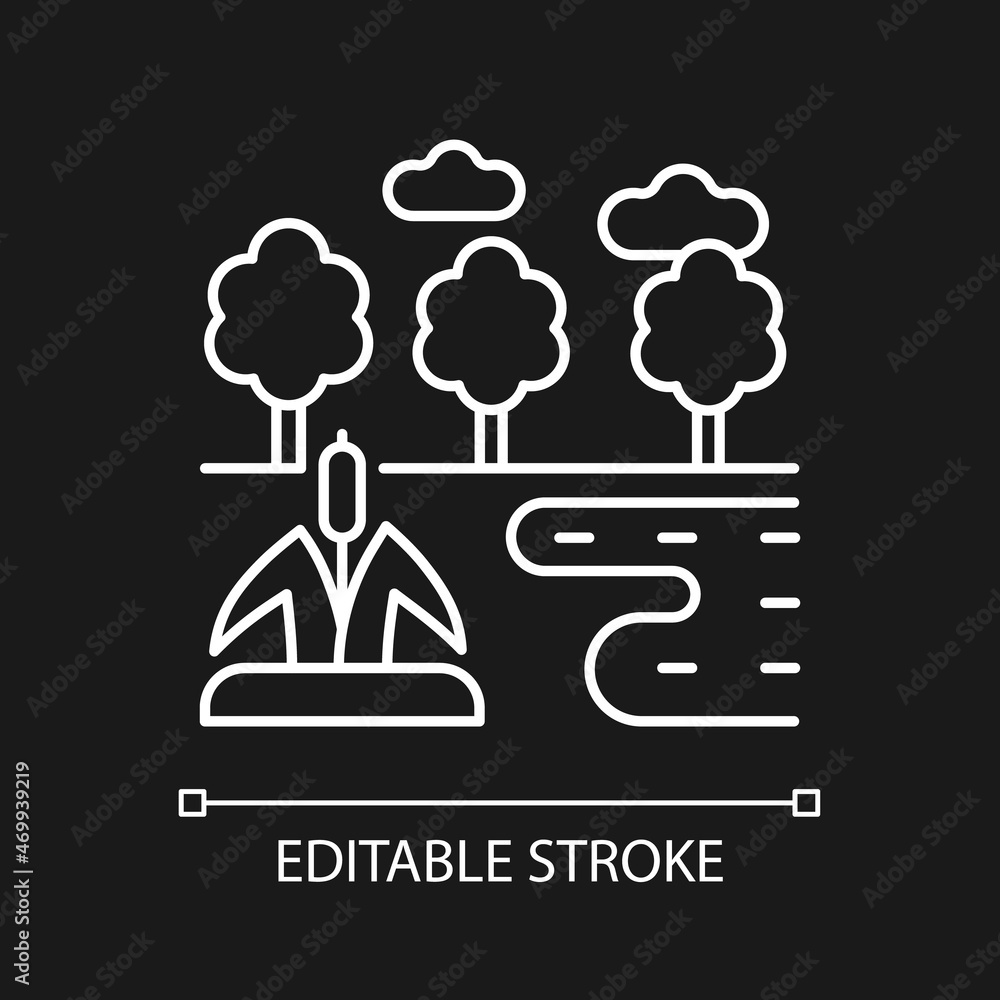 Wetland white linear icon for dark theme. Water covered land type. Wet landform. Swamp and peatland. Thin line customizable illustration. Isolated vector contour symbol for night mode. Editable stroke Wetland white linear icon for dark theme. Water covered land type. Wet landform. Swamp and peatland. Thin line customizable illustration. Isolated vector contour symbol for night mode. Editable stroke
