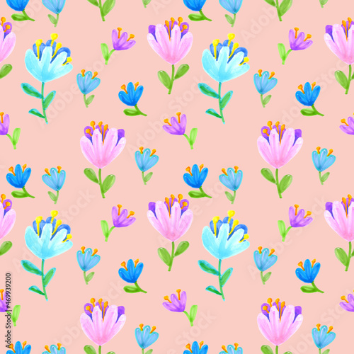 Seamless pattern of flowers drawn with markers on a pink background. For fabric, sketchbook, wallpaper, wrapping paper.