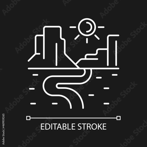 Canyon white linear icon for dark theme. Narrow and deep ravine. Trench with steep rock side. Thin line customizable illustration. Isolated vector contour symbol for night mode. Editable stroke