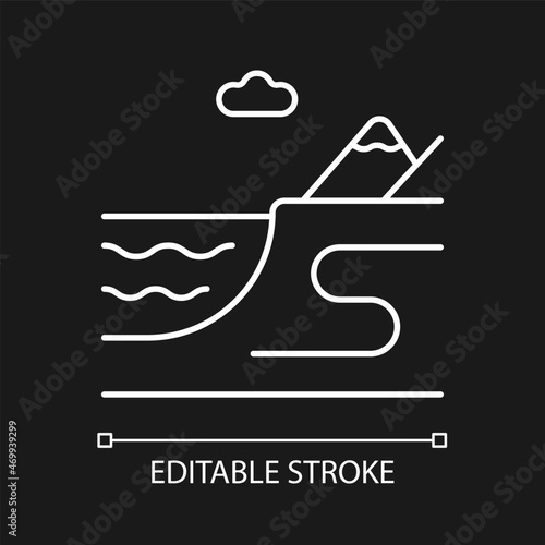 Coastal land white linear icon for dark theme. Sea and ocean shore. Coastline. Watershed landform. Thin line customizable illustration. Isolated vector contour symbol for night mode. Editable stroke