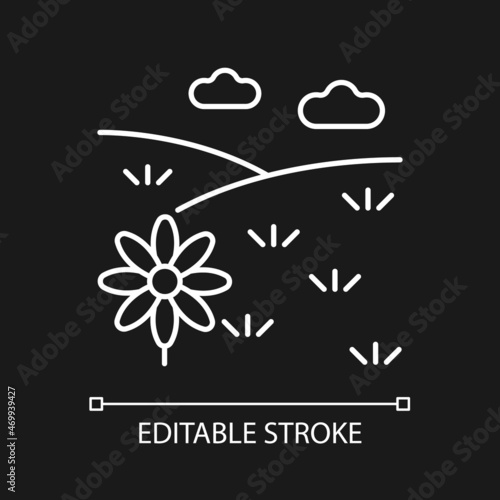 Meadow white linear icon for dark theme. Grass covered open land. Field with flowers. Grassland. Thin line customizable illustration. Isolated vector contour symbol for night mode. Editable stroke