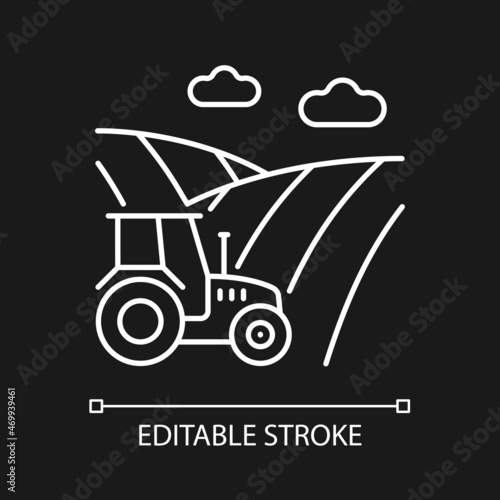 Arable land white linear icon for dark theme. Ploughed field. Cultivated soil. Agriculture landform. Thin line customizable illustration. Isolated vector contour symbol for night mode. Editable stroke