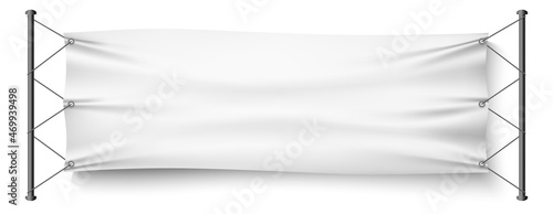 Banner hanging between two poles. Realistic mockup template