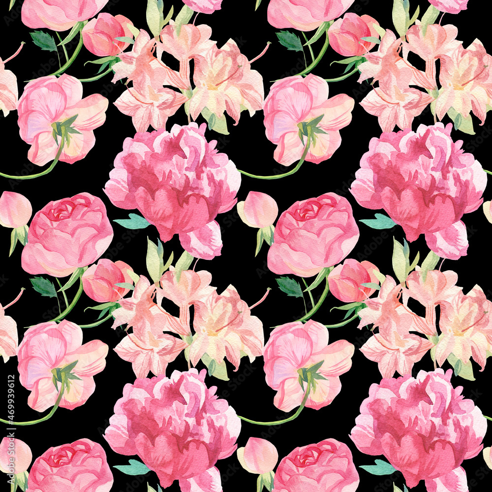 Watercolor seamless pattern with Pink flowers on black isolated background. Decorative, festive, repetitive, bright hand drawn style print.Design for textiles, wrapping paper, packaging, fabric.