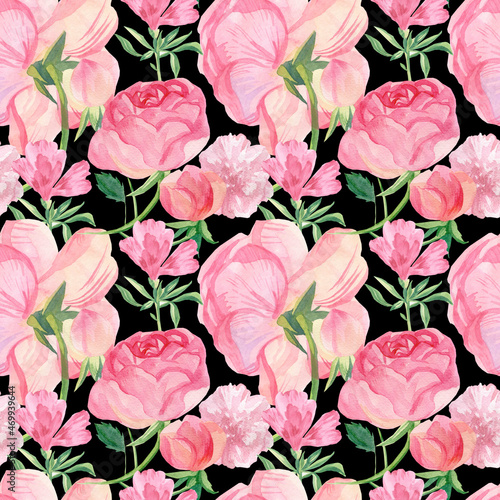 Watercolor seamless pattern with Pink flowers on black isolated background. Decorative  festive  repetitive  bright hand drawn style print.Design for textiles  wrapping paper  packaging  fabric.