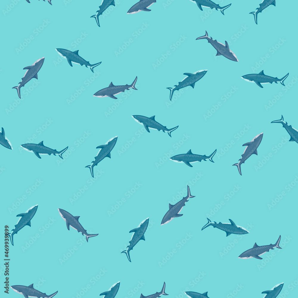 Seamless pattern Tiger shark on turquoise gray background. Texture of marine fish for any purpose. Seamless pattern Tiger shark on turquoise gray background. Texture of marine fish for any purpose.