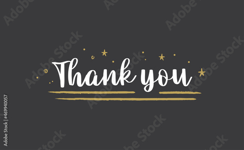 Thank you vector lettering. Beautiful greeting card, Calligraphy text word with gold stars. Hand drawn design. Handwritten modern brush lettering.