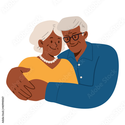 Portrait of an elderly couple. Grandpa hugs grandmother. Happy family. Vector illustration in cartoon flat style. Isoalted on white backgrounnd.