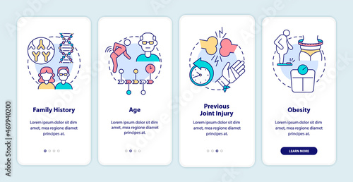 Arthritis risk factors onboarding mobile app page screen. Causes of osteoarthritis walkthrough 4 steps graphic instructions with concepts. UI, UX, GUI vector template with linear color illustrations