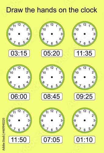Game for kids. What time is it? Educational exercises for kids. Worksheets for practicing motor skills of children. Useful games for preschool and kindergarten.