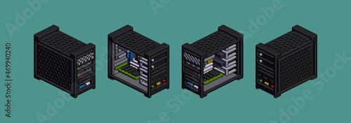 Workstation in pixelart style in isometric projection from four sides. Vector illustration.