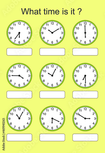 Game for kids. What time is it? Educational exercises for kids. Worksheets for practicing motor skills of children. Useful games for preschool and kindergarten.