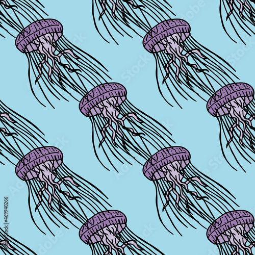 Seamless pattern with creative violet jellyfish on light blue background. Vector image.