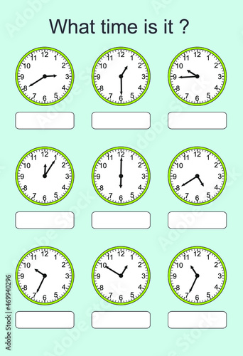 Game for kids. What time is it? Educational exercises for kids. Worksheets for practicing motor skills of children. Useful games for preschool and kindergarten.