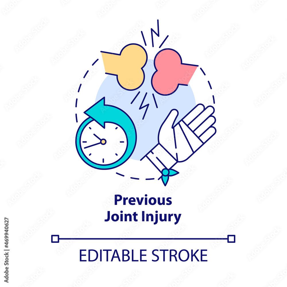 Obraz premium Previous joint injury concept icon. Arthritis risk factor abstract idea thin line illustration. Bones trauma can lead to disease. Vector isolated outline color drawing. Editable stroke