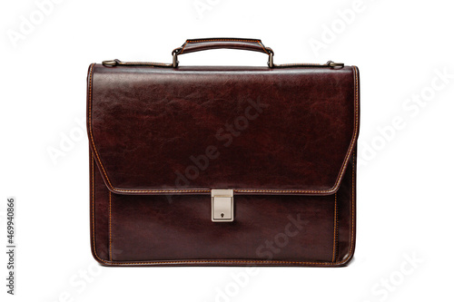 Brown leather briefcase on a white isolated background. Business accessories.