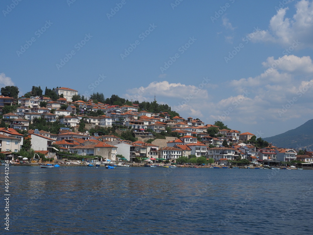 The cityscape of Ohrid seen from the Lake Ohrid, North Macedonia