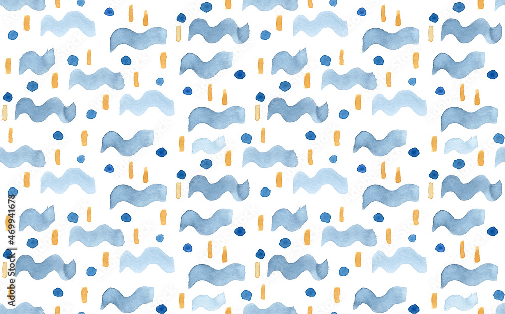 Blue waves watercolor background, horizontal indigo wavy seamless pattern as surface design watercolor pattern