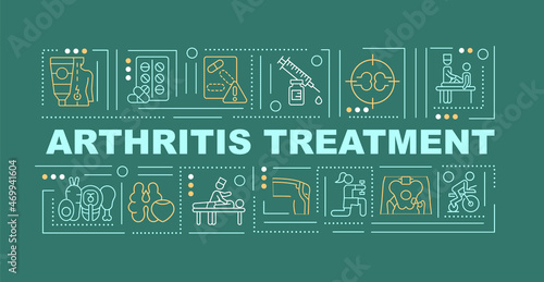 Arthritis healing word concepts banner. Therapy and surgery. Infographics with linear icons on green background. Isolated creative typography. Vector outline color illustration with text